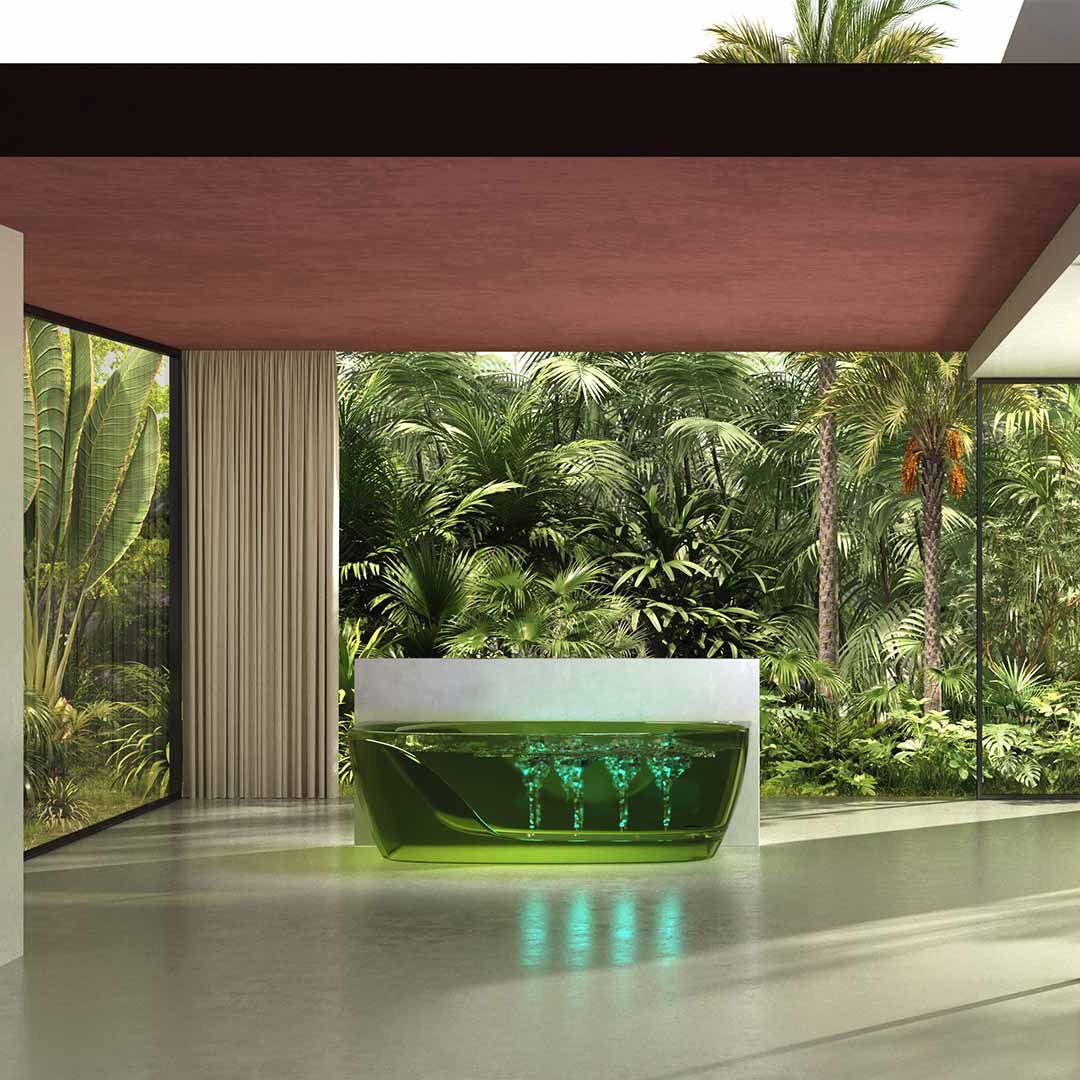 Cada de baie, de perete, functie jacuzzi, 1700x800x550 mm, din rasina, ovala, verde transparent, MonBlari