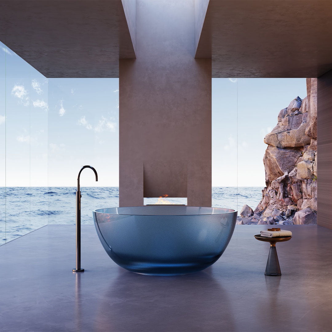 Cada de baie, freestanding, 1300x1300x550, din rasina, rotunda, albastru transparent, MonBlari