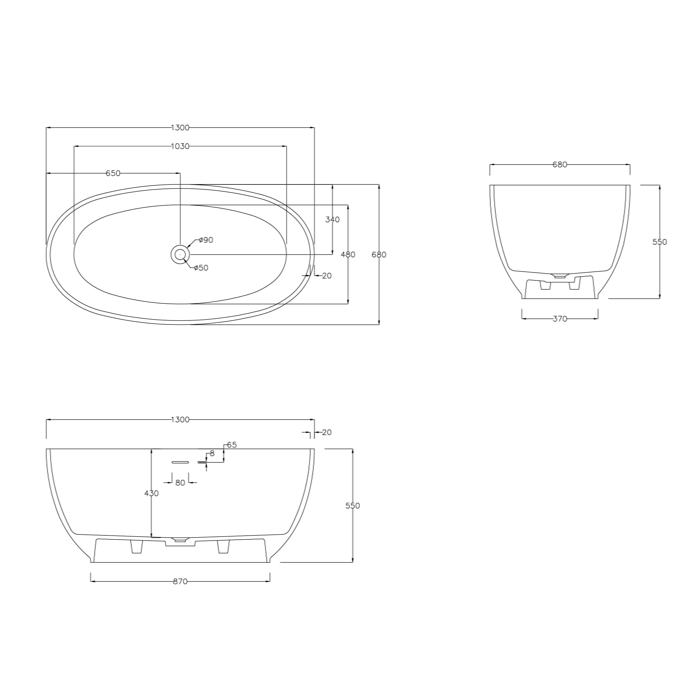 Cada de baie, freestanding, 1300x680x550 mm, din compozit, ovala, alb, MonBlari