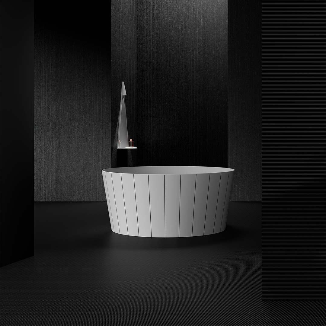 Cada de baie, freestanding, 1350x1350x600 mm, alb cu linii negre, compozit, forma rotunda, MonBlari Swing