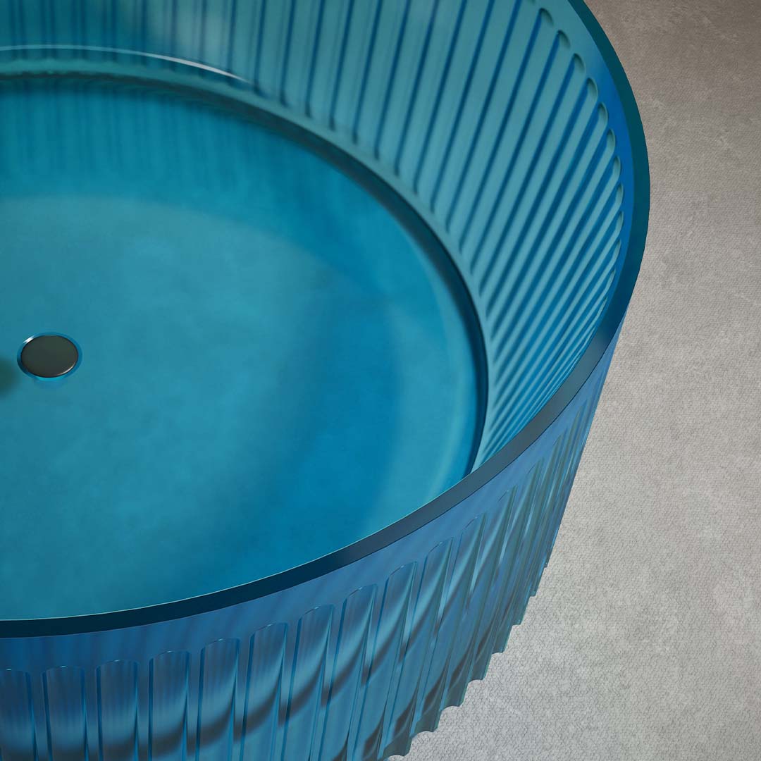 Cada de baie, freestanding, 1500x1500x550mm, rotunda, din rasina, albastru transparent, finisaj mat, MonBlari