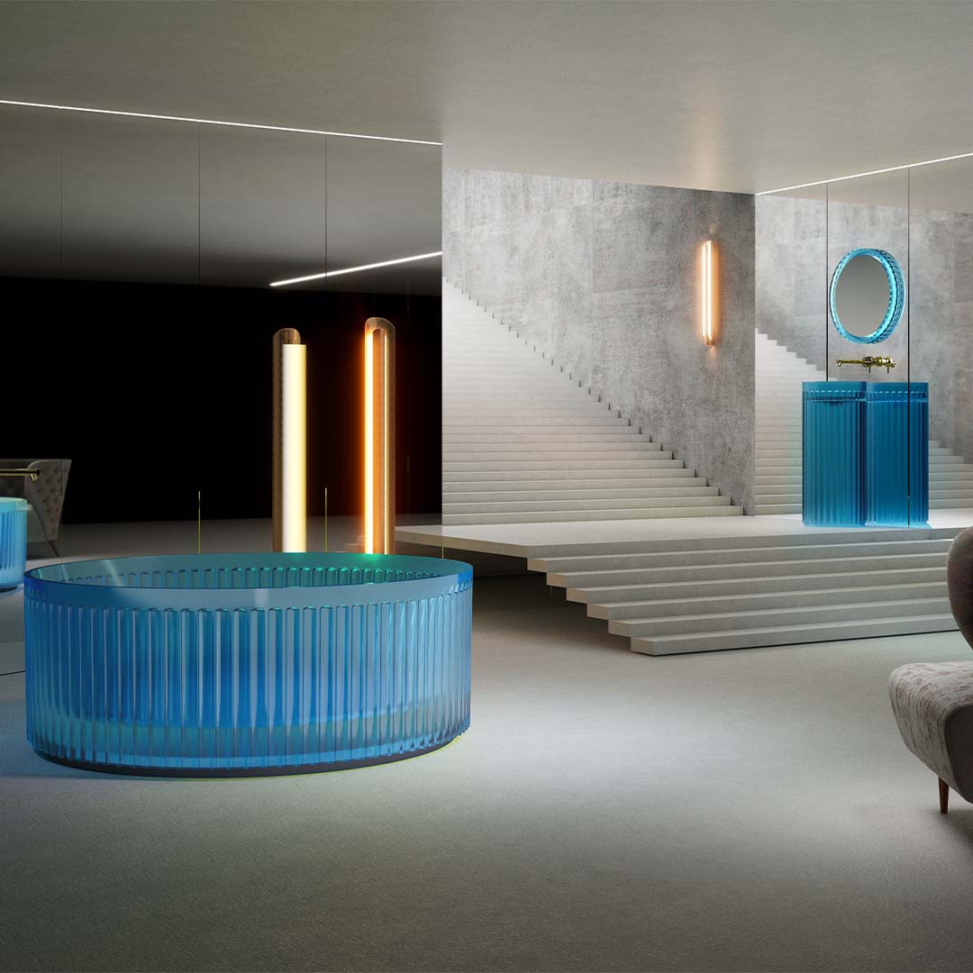 Cada de baie, freestanding, 1500x1500x550mm, rotunda, din rasina, albastru transparent, finisaj mat, MonBlari