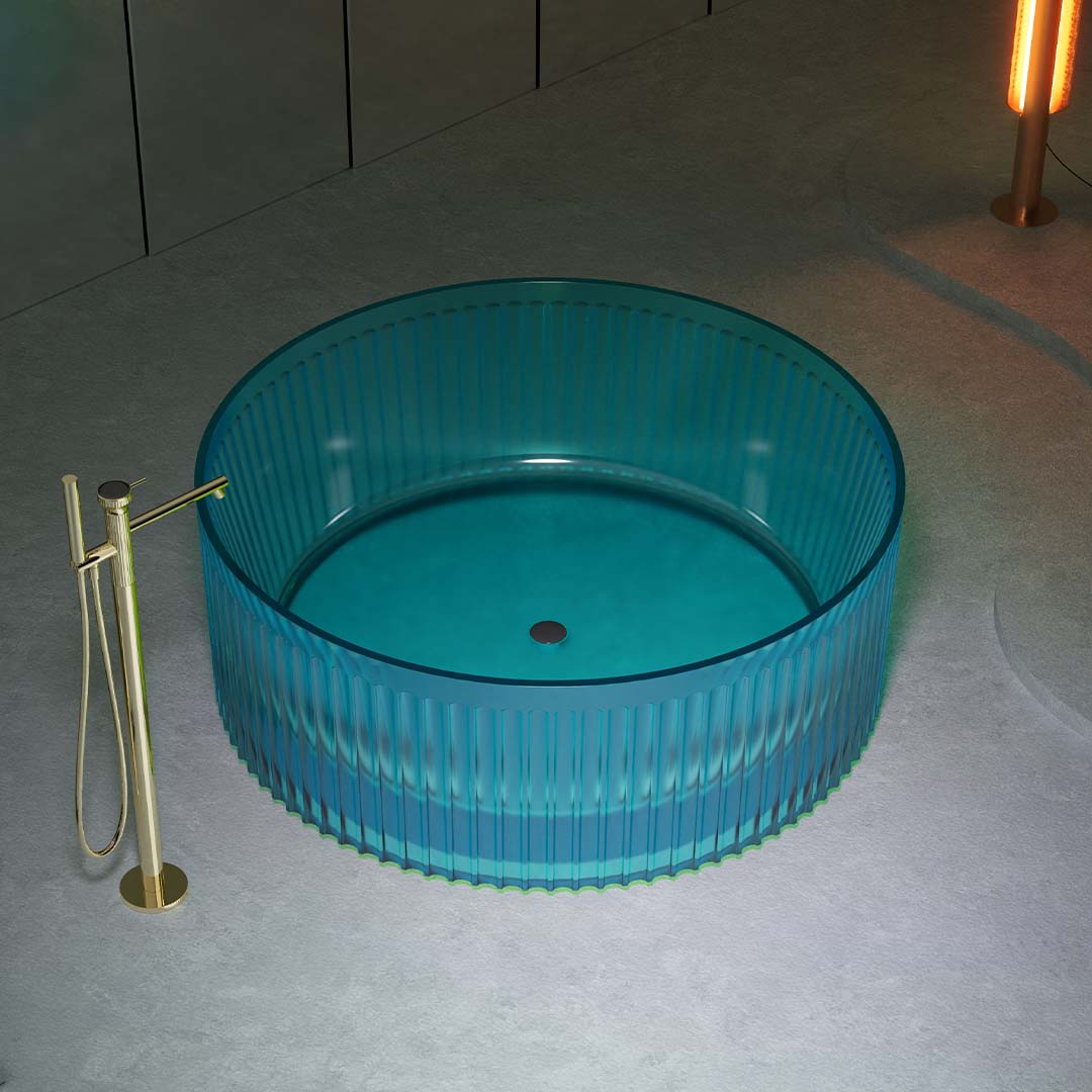 Cada de baie, freestanding, 1500x1500x550mm, rotunda, din rasina, albastru transparent, finisaj mat, MonBlari