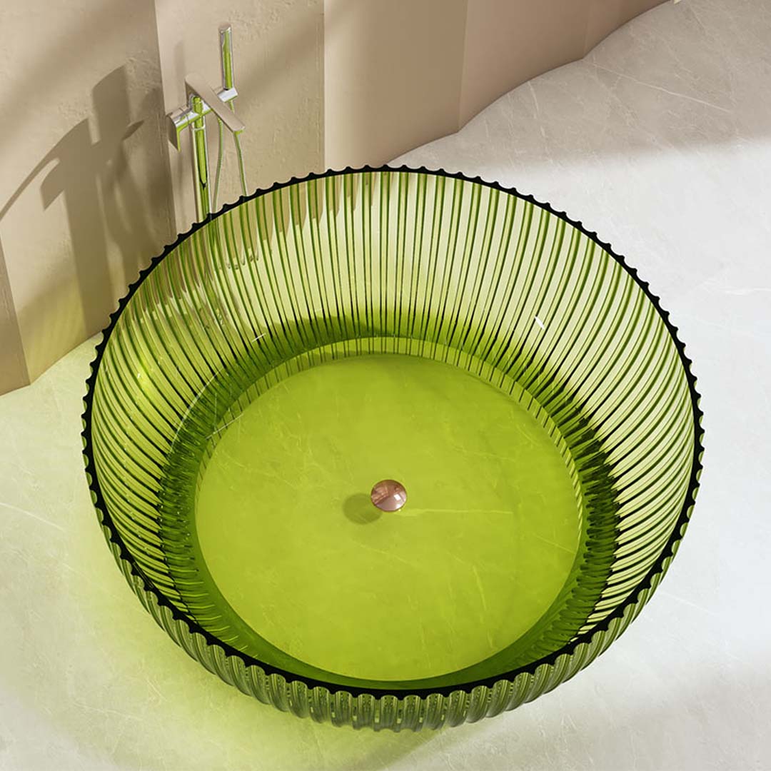 Cada de baie, freestanding, 1500x1500x580 mm, din rasina, rotunda, verde transparent, cu riflaje, MonBlari