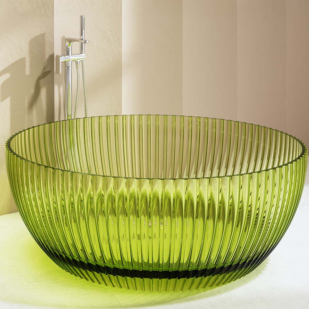 Cada de baie, freestanding, 1500x1500x580 mm, din rasina, rotunda, verde transparent, cu riflaje, MonBlari