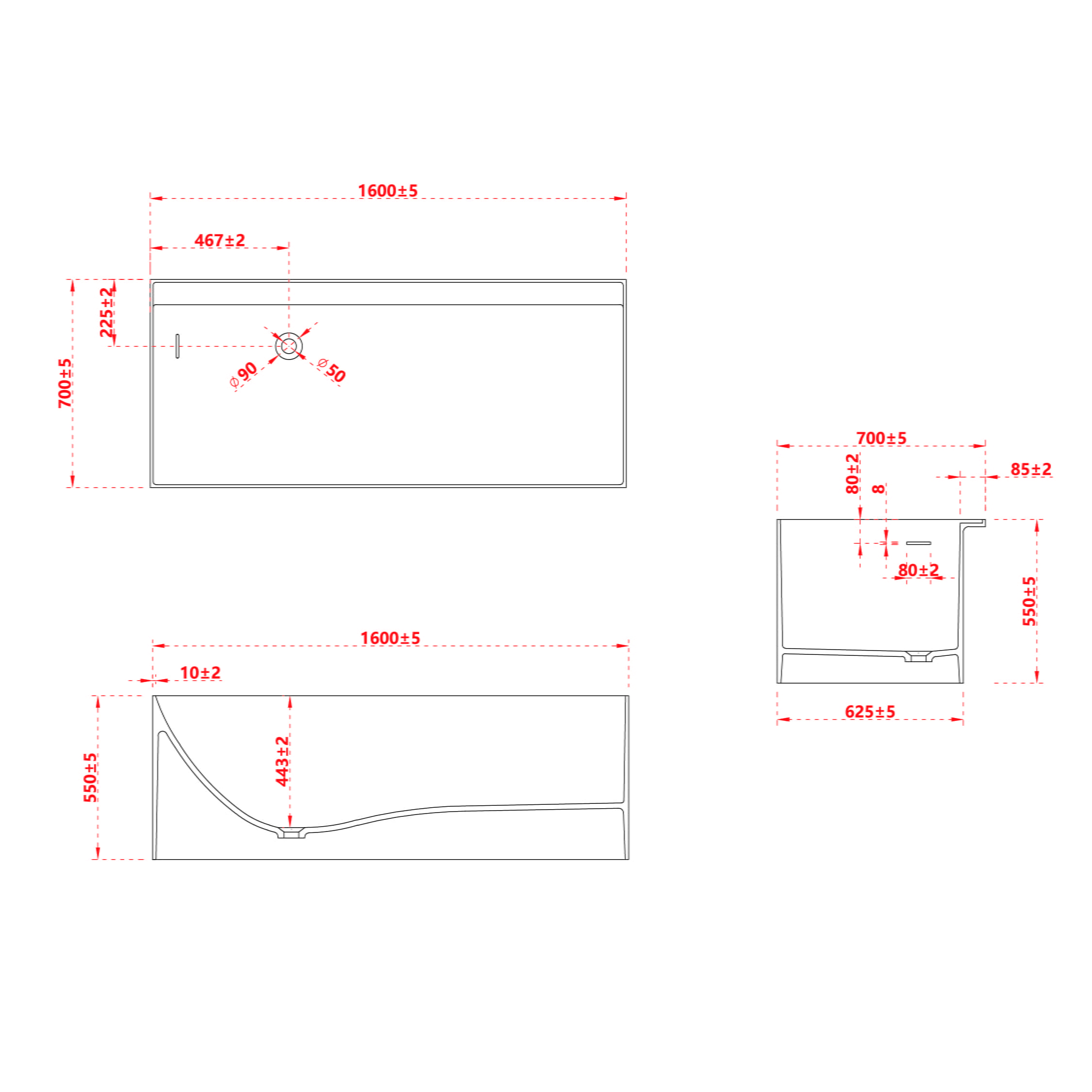 Cada de baie, freestanding, 1600x700x550 mm, din compozit, dreptunghiulara, alb, MonBlari