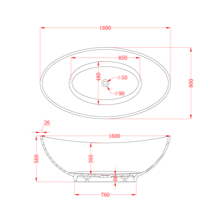 Cada de baie, freestanding, 1600x800x560 mm, din compozit, oval, alb, MonBlari