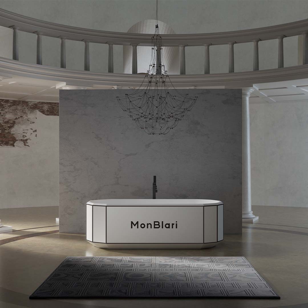 Cada de baie, freestanding, 1700x750x550 mm, alb mat cu linii negre, compozit, forma ovala, MonBlari Beryl