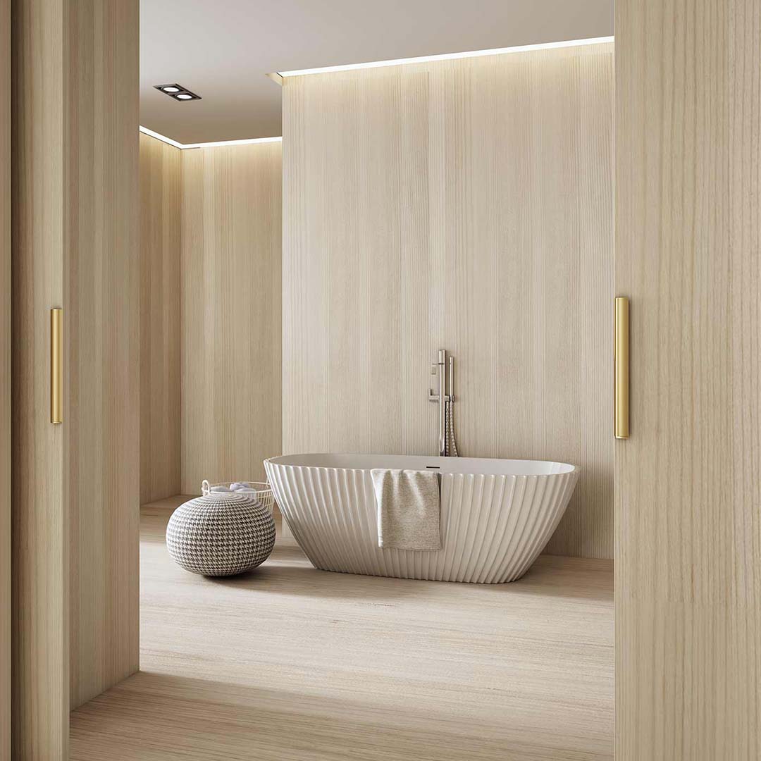 Cada de baie, freestanding, 1700x750x580 mm, din compozit, ovala, alb mat, cu riflaje, MonBlari