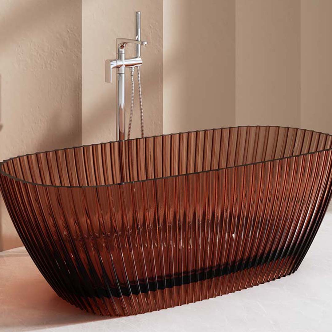 Cada de baie, freestanding, 1700x750x580 mm, din rasina, ovala, caramiziu transparent, cu riflaje, MonBlari