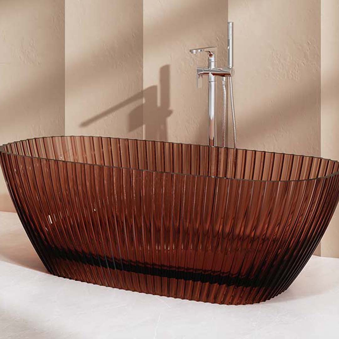 Cada de baie, freestanding, 1700x750x580 mm, din rasina, ovala, caramiziu transparent, cu riflaje, MonBlari
