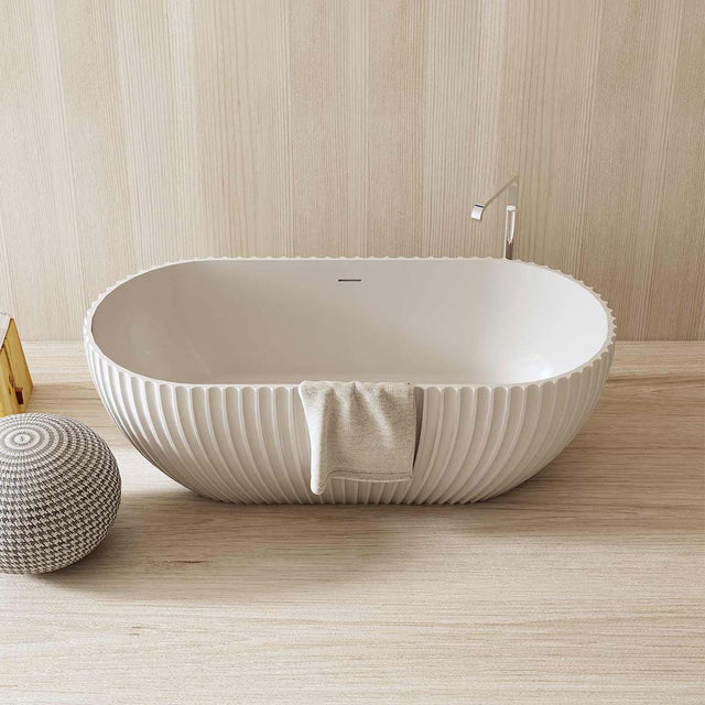 Cada de baie, freestanding, 1700x800x580 mm, din compozit, ovala, alb mat, cu riflaje, MonBlari