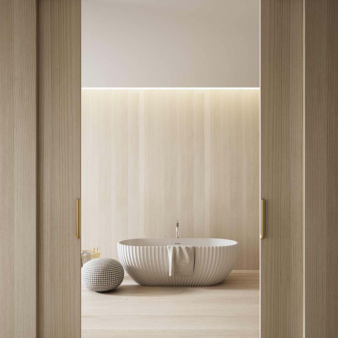 Cada de baie, freestanding, 1700x800x580 mm, din compozit, ovala, alb mat, cu riflaje, MonBlari