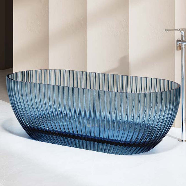 Cada de baie, freestanding, 1700x800x580 mm, din rasina, ovala, albastru transparent, cu riflaje, MonBlari