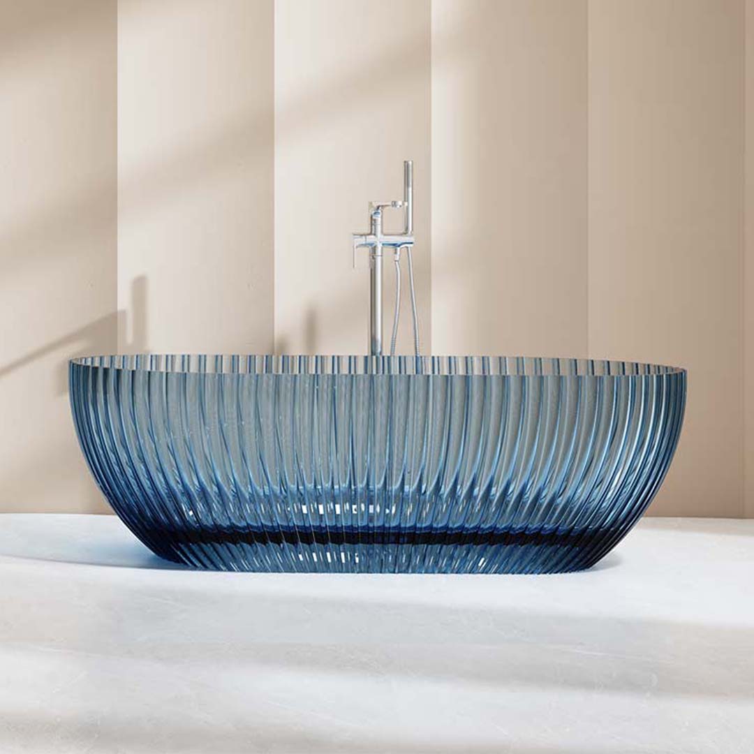 Cada de baie, freestanding, 1700x800x580 mm, din rasina, ovala, albastru transparent, cu riflaje, MonBlari