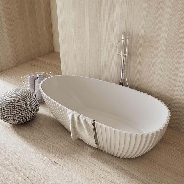 Cada de baie, freestanding, 1700x850x580 mm, din compozit, ovala, alb mat, cu riflaje, MonBlari