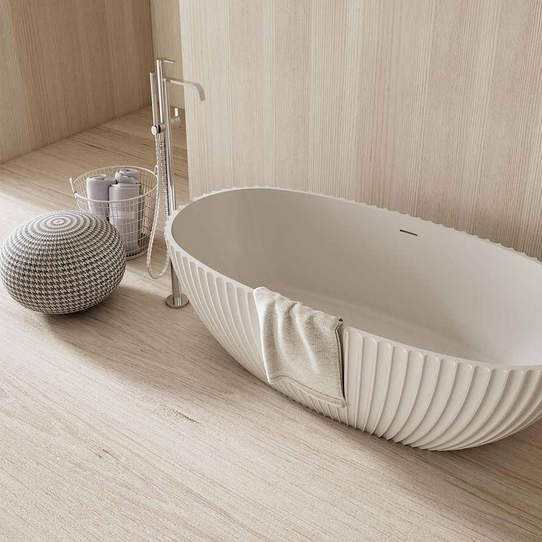 Cada de baie, freestanding, 1700x850x580 mm, din compozit, ovala, cu preaplin, alb mat, cu riflaje, MonBlari