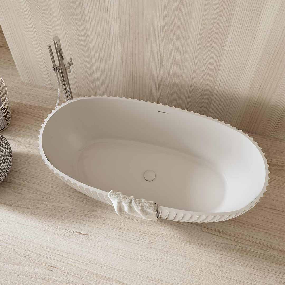 Cada de baie, freestanding, 1700x850x580 mm, din compozit, ovala, cu preaplin, alb mat, cu riflaje, MonBlari