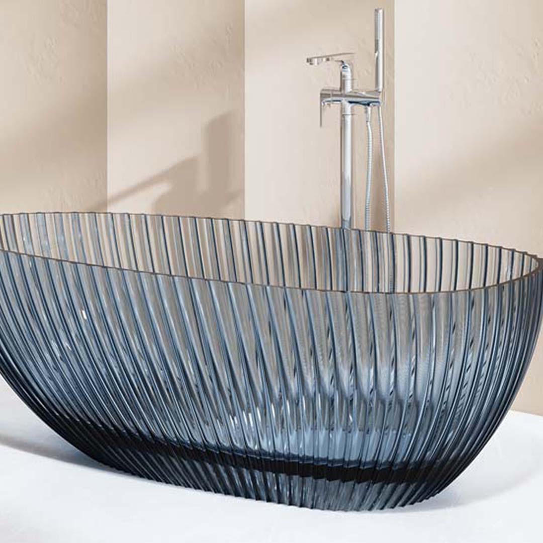 Cada de baie, freestanding, 1700x850x580 mm, din rasina, ovala, albastru transparent, cu riflaje, MonBlari