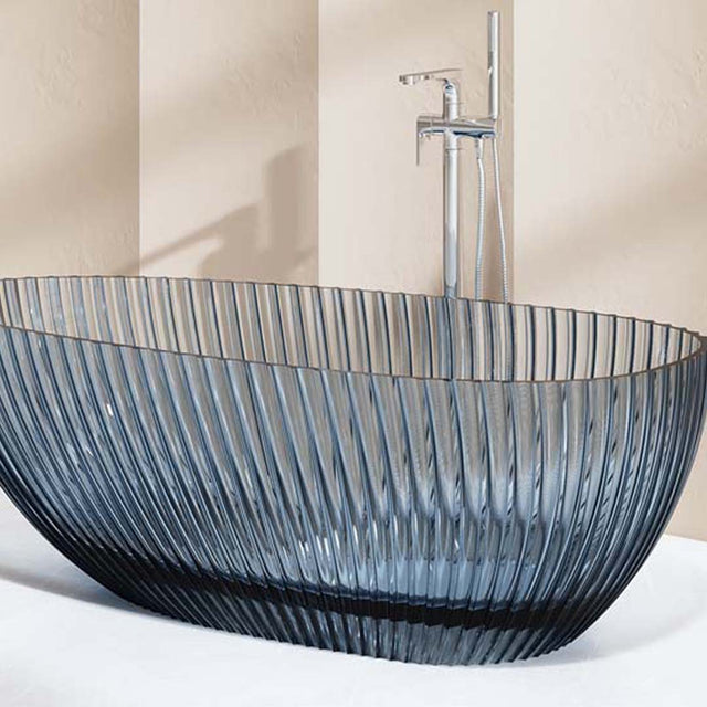 Cada de baie, freestanding, 1700x850x580 mm, din rasina, ovala, albastru transparent, cu riflaje, MonBlari