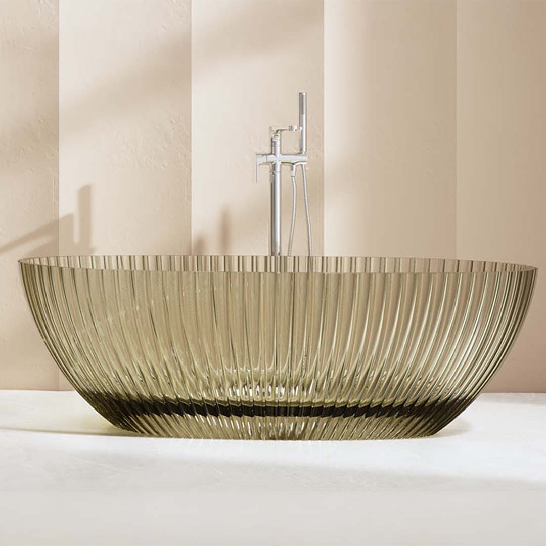 Cada de baie, freestanding, 1700x850x580 mm, din rasina, ovala, gri transparent, cu riflaje, MonBlari