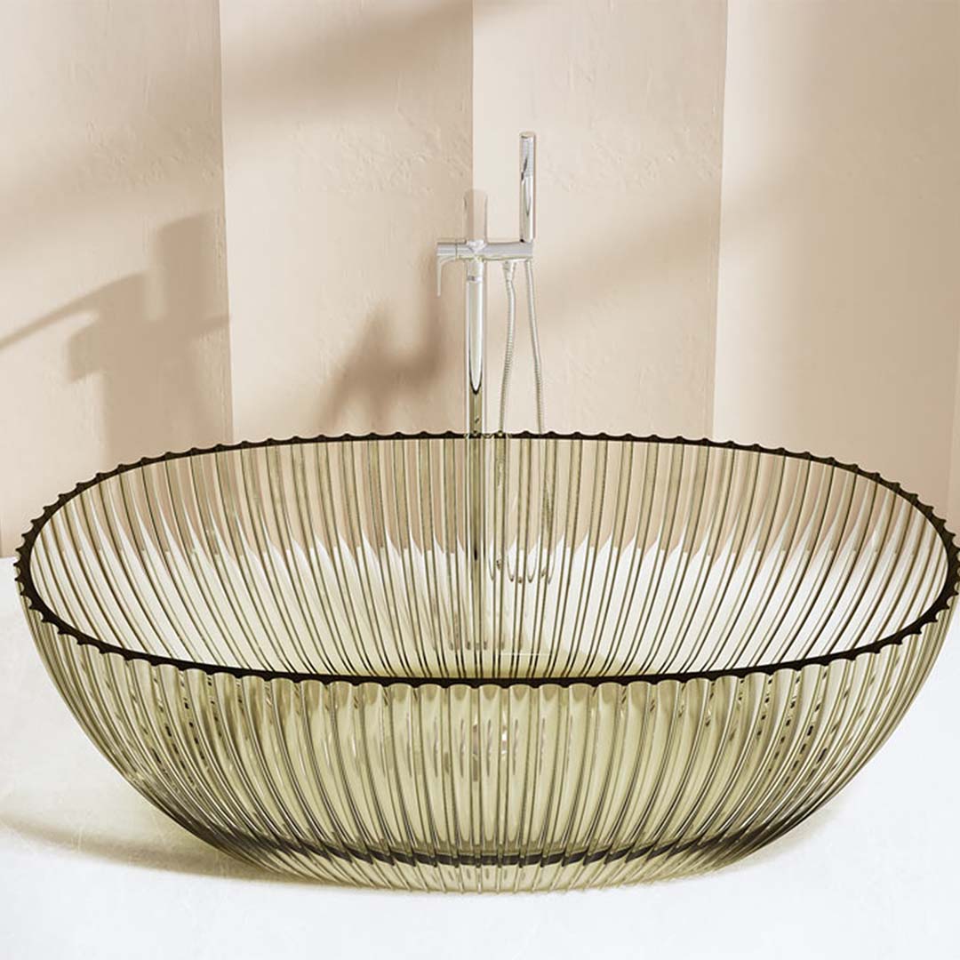 Cada de baie, freestanding, 1700x850x580 mm, din rasina, ovala, gri transparent, cu riflaje, MonBlari