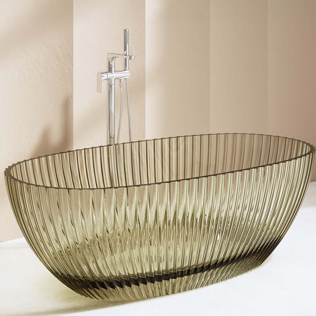 Cada de baie, freestanding, 1700x850x580 mm, din rasina, ovala, gri transparent, cu riflaje, MonBlari