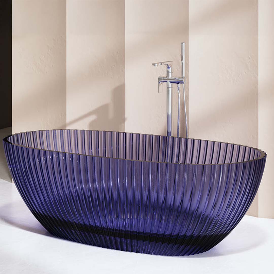Cada de baie, freestanding, 1700x850x580 mm, din rasina, ovala, mov transparent, cu riflaje, MonBlari