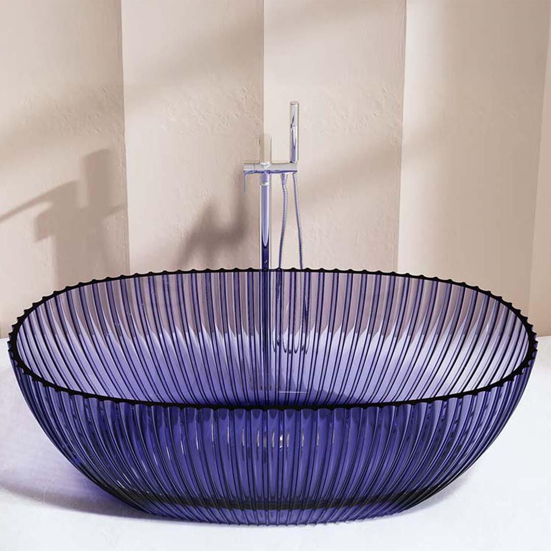 Cada de baie, freestanding, 1700x850x580 mm, din rasina, ovala, mov transparent, cu riflaje, MonBlari