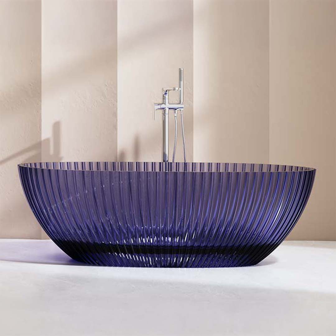 Cada de baie, freestanding, 1700x850x580 mm, din rasina, ovala, mov transparent, cu riflaje, MonBlari