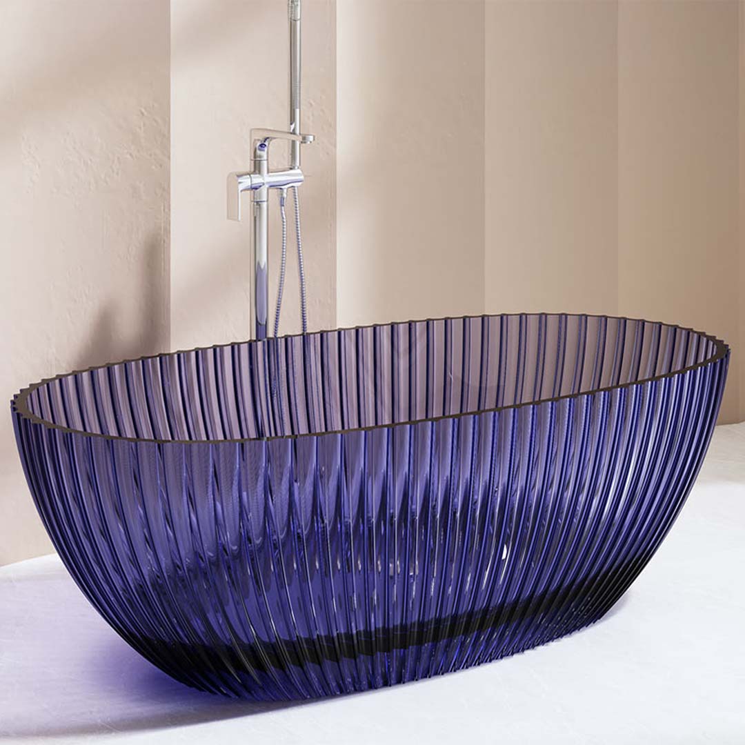 Cada de baie, freestanding, 1700x850x580 mm, din rasina, ovala, mov transparent, cu riflaje, MonBlari
