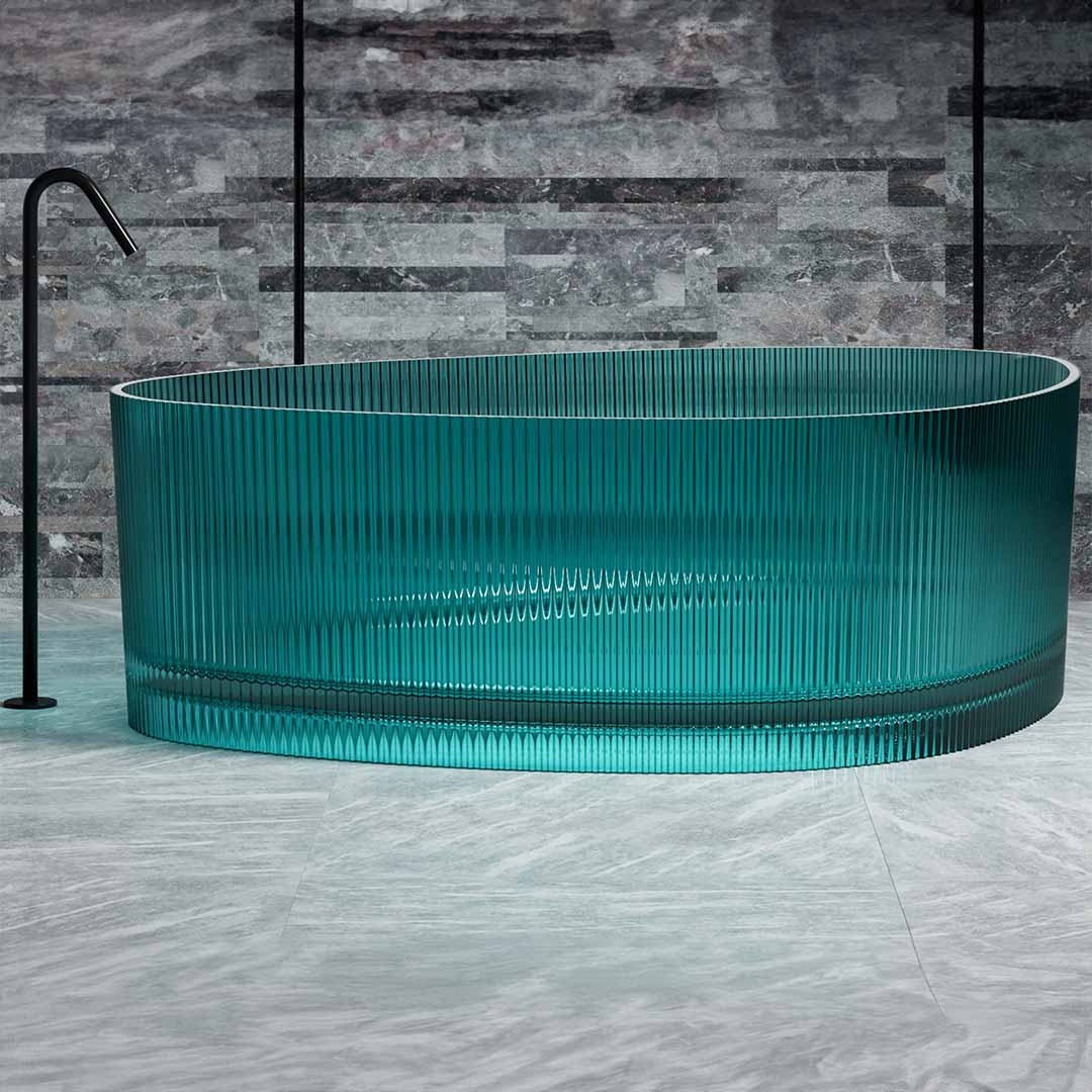 Cada de baie, freestanding, 1800x1300x550, din rasina, ovala, cu riflaje, albastru transparent, MonBlari