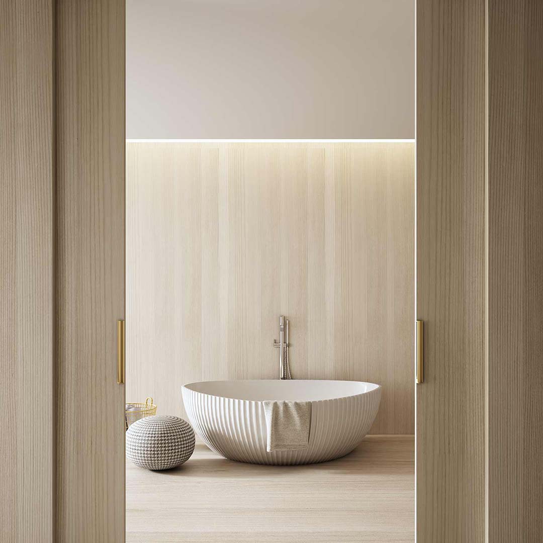 Cada de baie, freestanding, 1800x1300x580 mm, din compozit, ovala, margine curbata, alb mat, cu riflaje, MonBlari