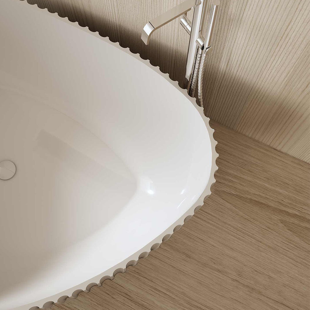 Cada de baie, freestanding, 1800x1300x580 mm, din compozit, ovala, margine curbata, alb mat, cu riflaje, MonBlari