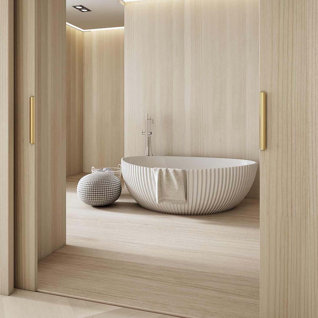 Cada de baie, freestanding, 1800x1300x580 mm, din compozit, ovala, margine curbata, alb mat, cu riflaje, MonBlari