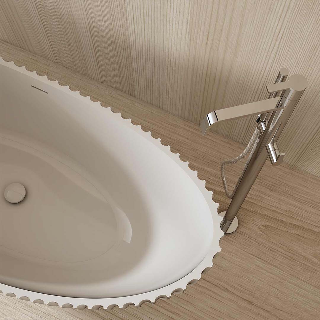 Cada de baie, freestanding, 1800x800x750 mm, din compozit, ovala, cu preaplin, alb mat, cu riflaje, MonBlari