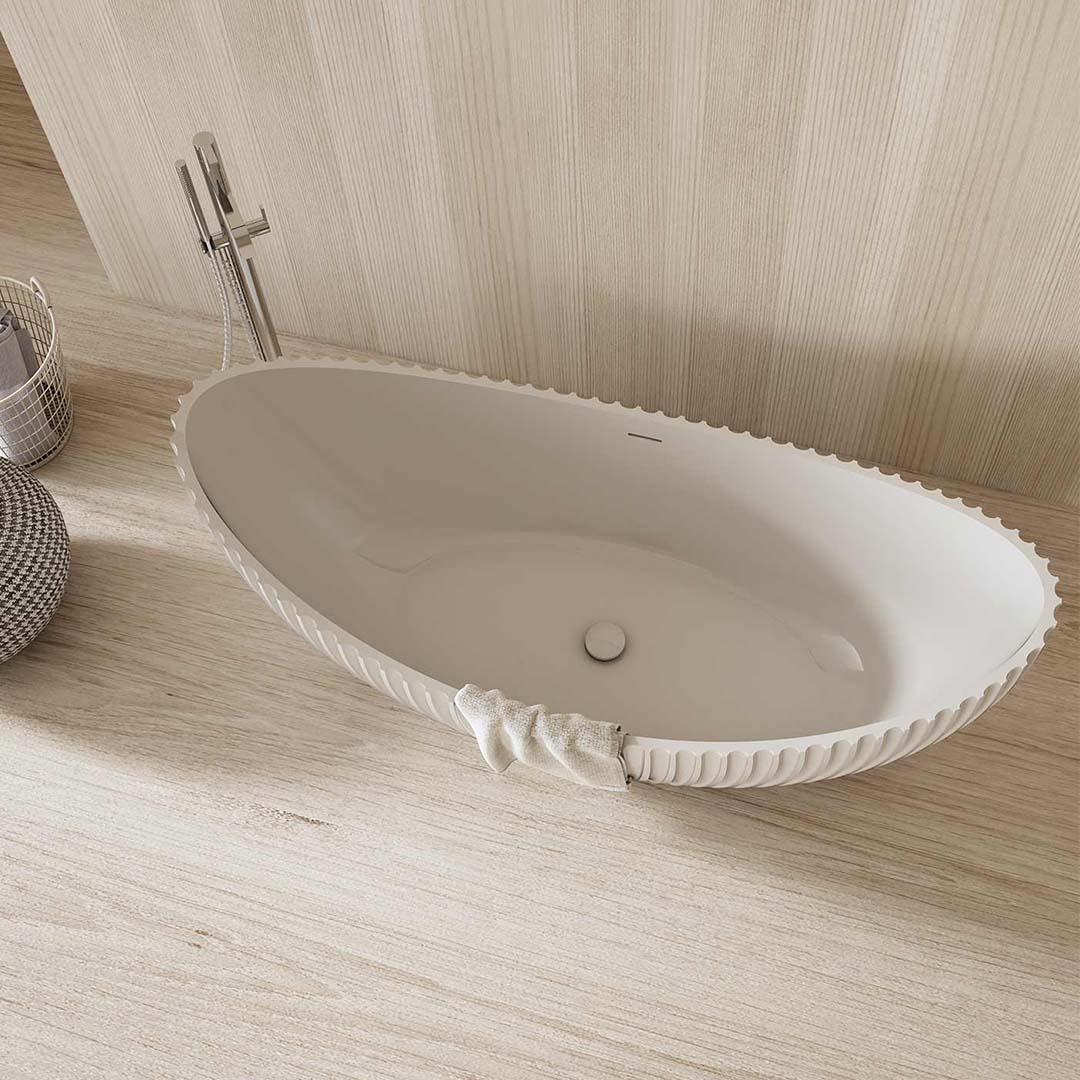 Cada de baie, freestanding, 1800x800x750 mm, din compozit, ovala, cu preaplin, alb mat, cu riflaje, MonBlari