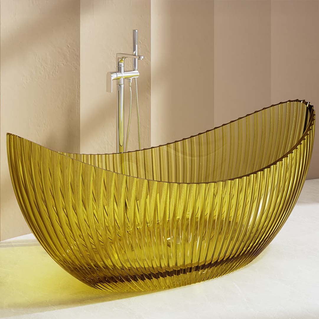 Cada de baie, freestanding, 1800x800x750 mm, din rasina, ovala, galben transparent, cu riflaje, MonBlari