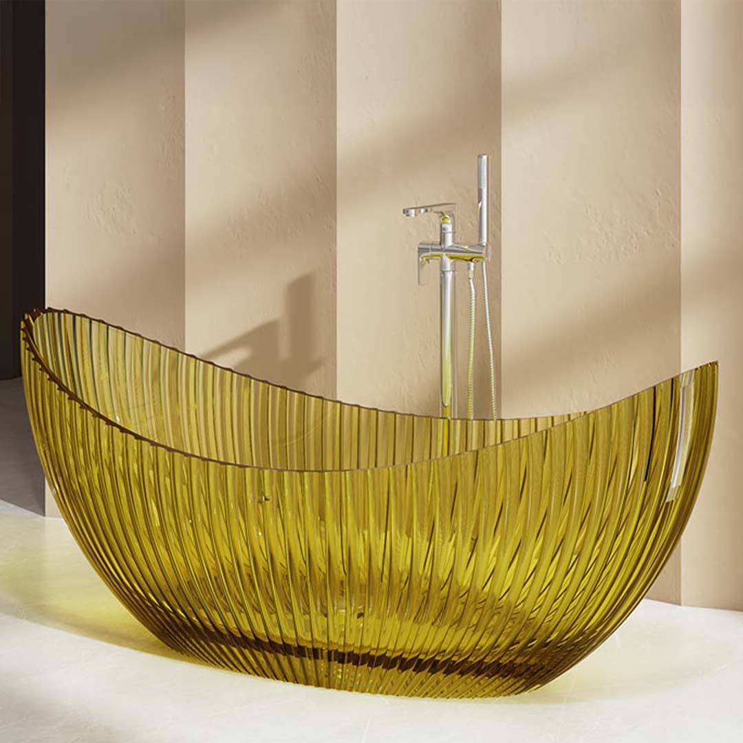 Cada de baie, freestanding, 1800x800x750 mm, din rasina, ovala, galben transparent, cu riflaje, MonBlari