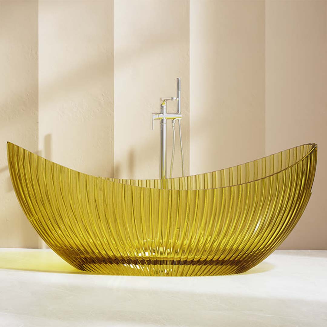 Cada de baie, freestanding, 1800x800x750 mm, din rasina, ovala, galben transparent, cu riflaje, MonBlari