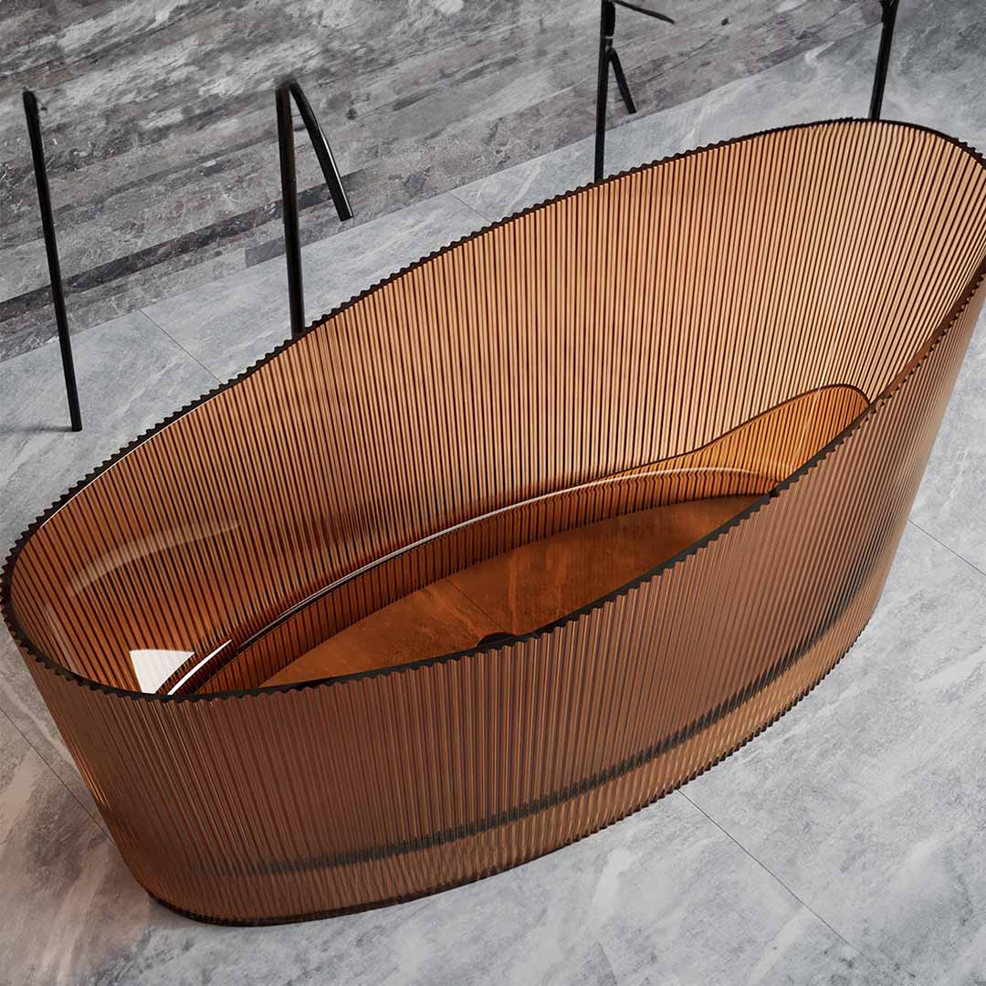 Cada de baie, freestanding, 1800x850x760, din rasina, ovala, cu riflaje, maro transparent, MonBlari