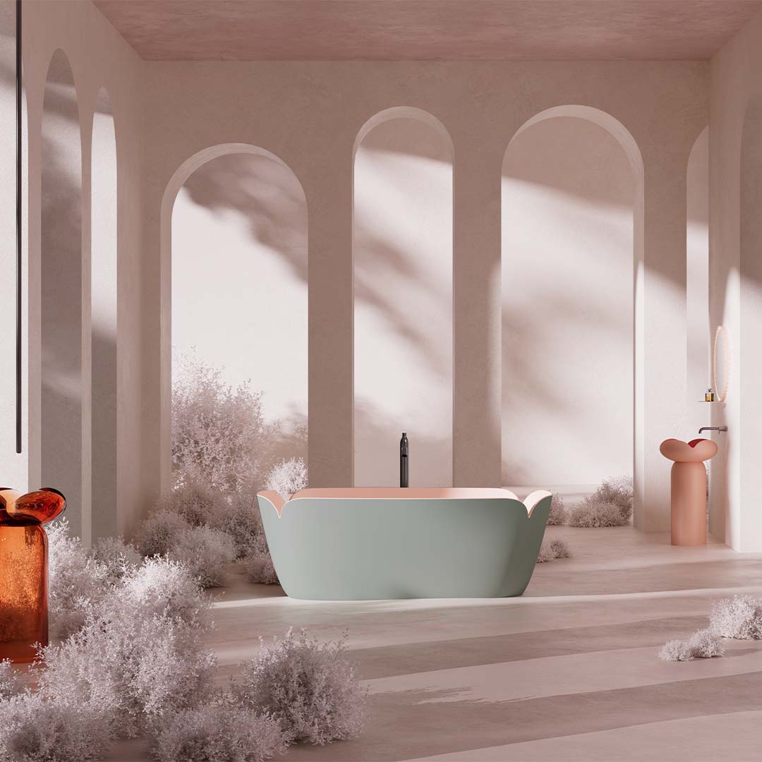 Cada de baie, freestanding, 1850x1000x650 mm, roz floral, compozit, forma ovala, MonBlari Flower