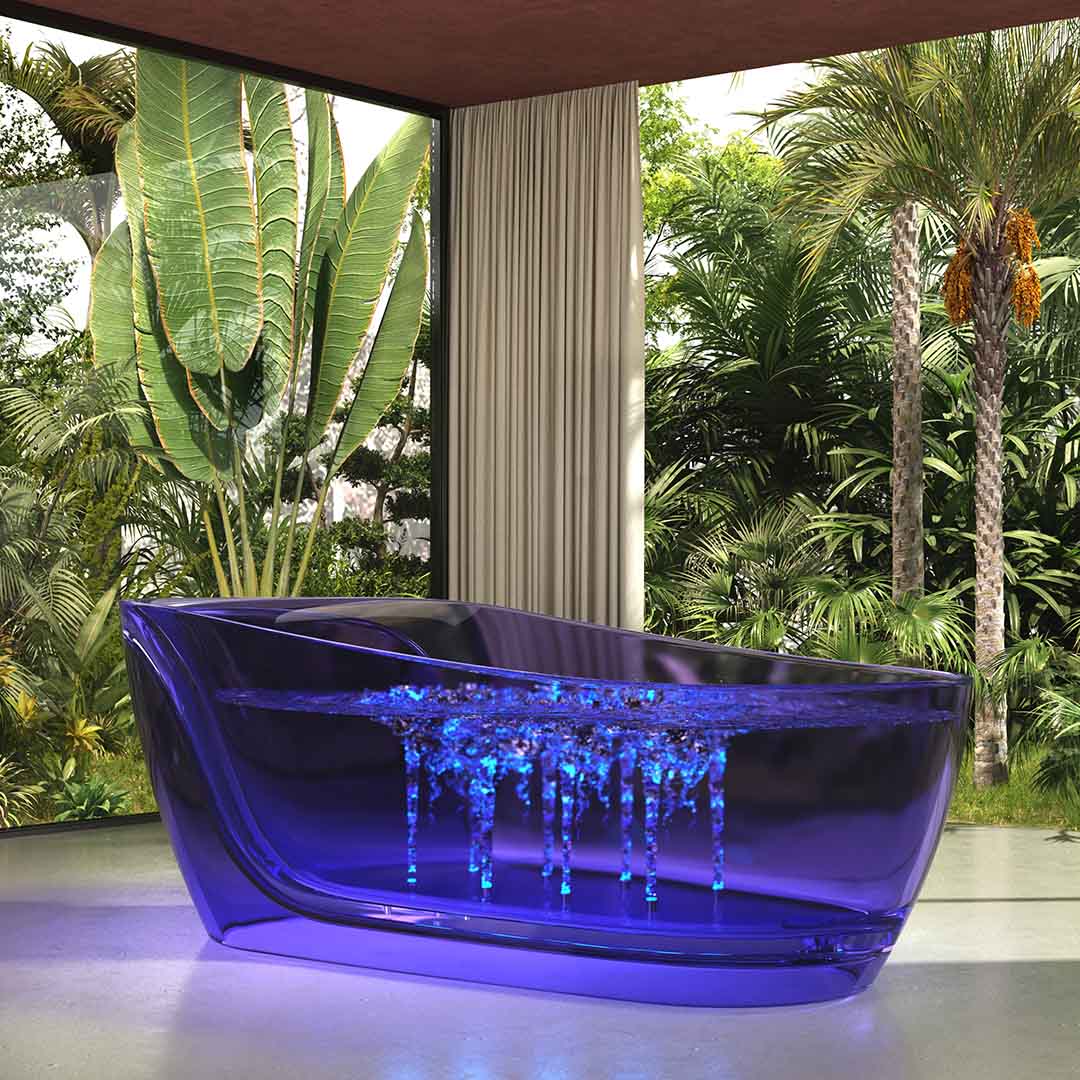 Cada de baie, freestanding, functie bideu, 1800x950x680 mm, din rasina, ovala, margine curbata, violet transparent, MonBlari