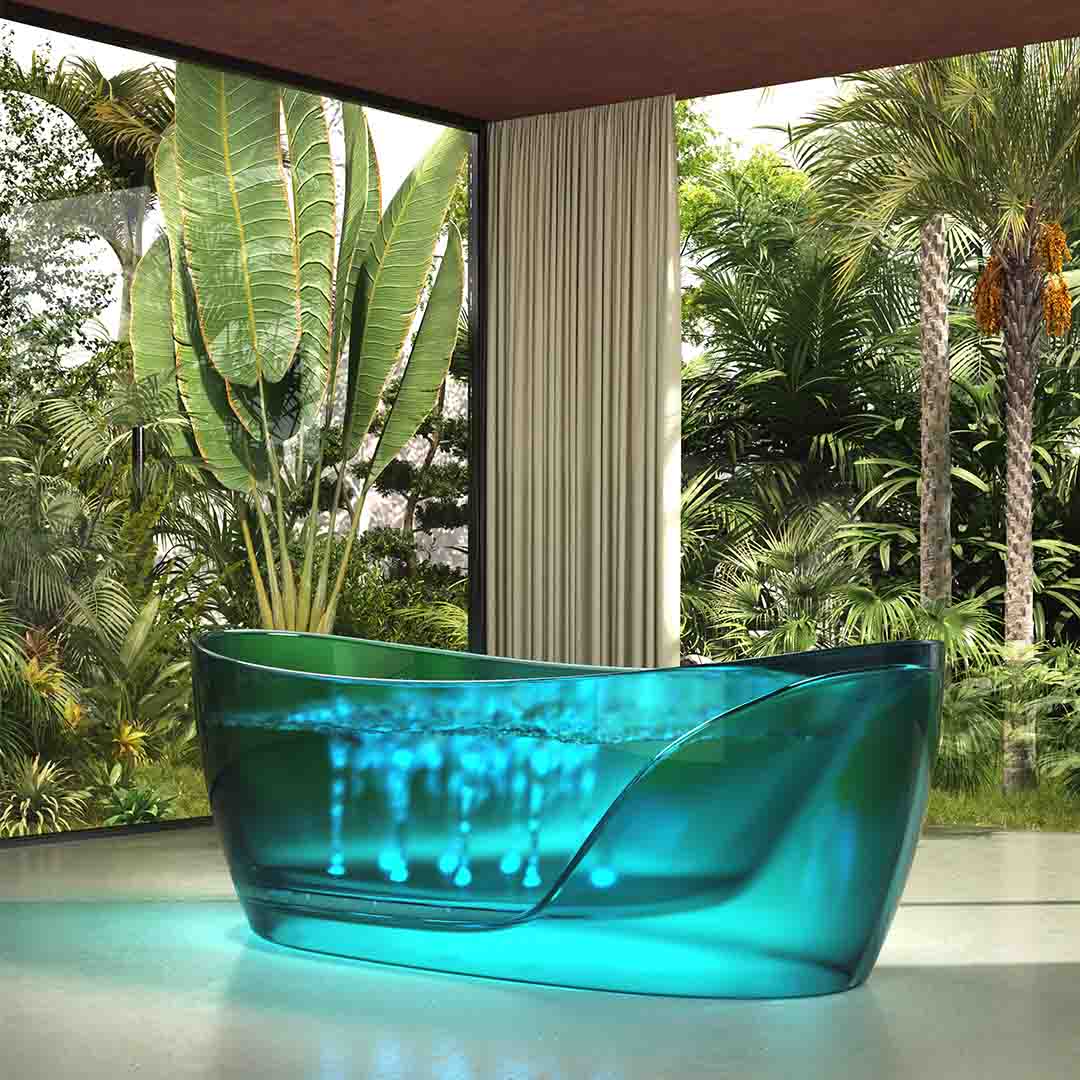 Cada de baie, freestanding, functie jacuzzi, 1700x800x630 mm, din rasina, ovala, curbata, albastru transparent, MonBlari