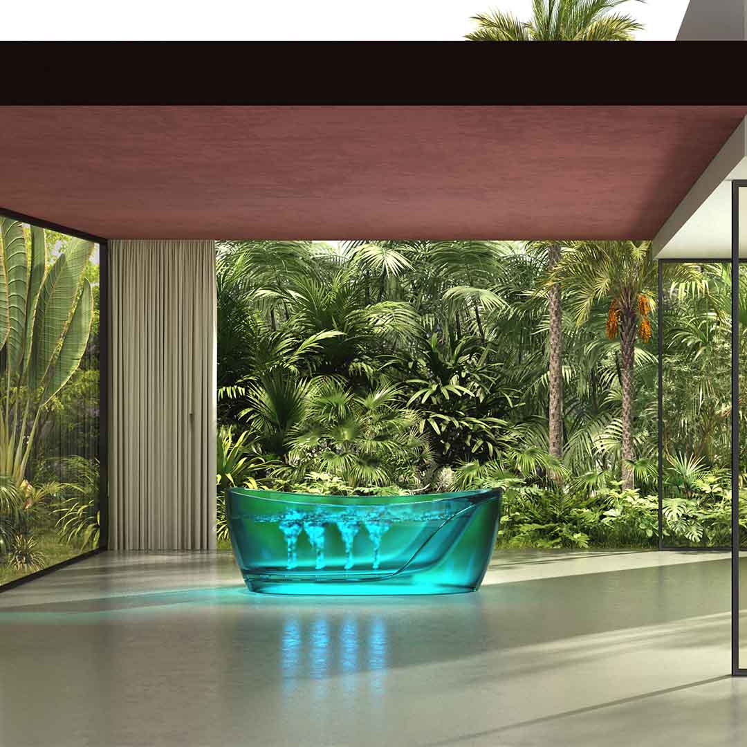 Cada de baie, freestanding, functie jacuzzi, 1700x800x630 mm, din rasina, ovala, curbata, albastru transparent, MonBlari