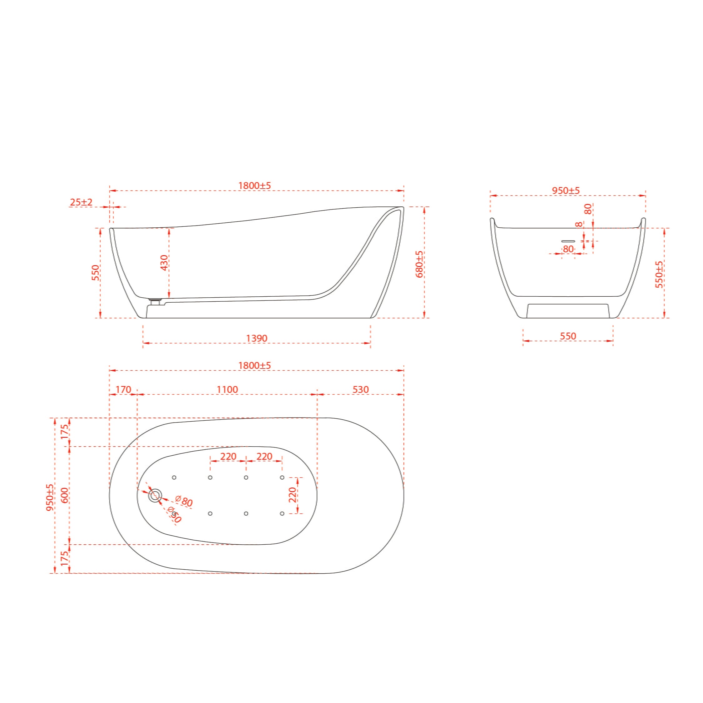 Cada de baie, freestanding, functie jacuzzi, 1800x950x680 mm, din compozit, ovala, margine curbata, alb mat, MonBlari