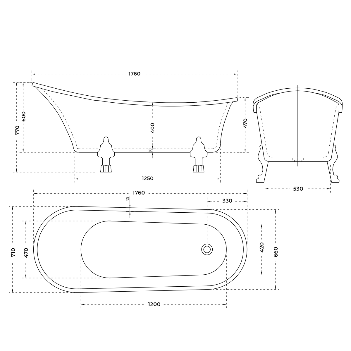Cadă de baie freestanding ovala Larissa, 176x71x77 cm, alb lucios, cod 4028
