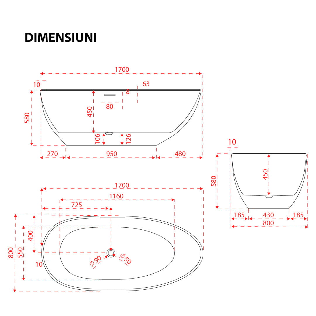 Cadă de baie Viking freestanding, 170x80x58, formă ovală, exterior negru mat și interior alb, cod 4009