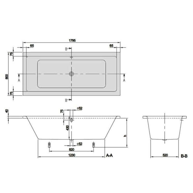 Cadă dreptunghiulară Villeroy & Boch, Targa Plus Duo, 180 cm, alb alpin