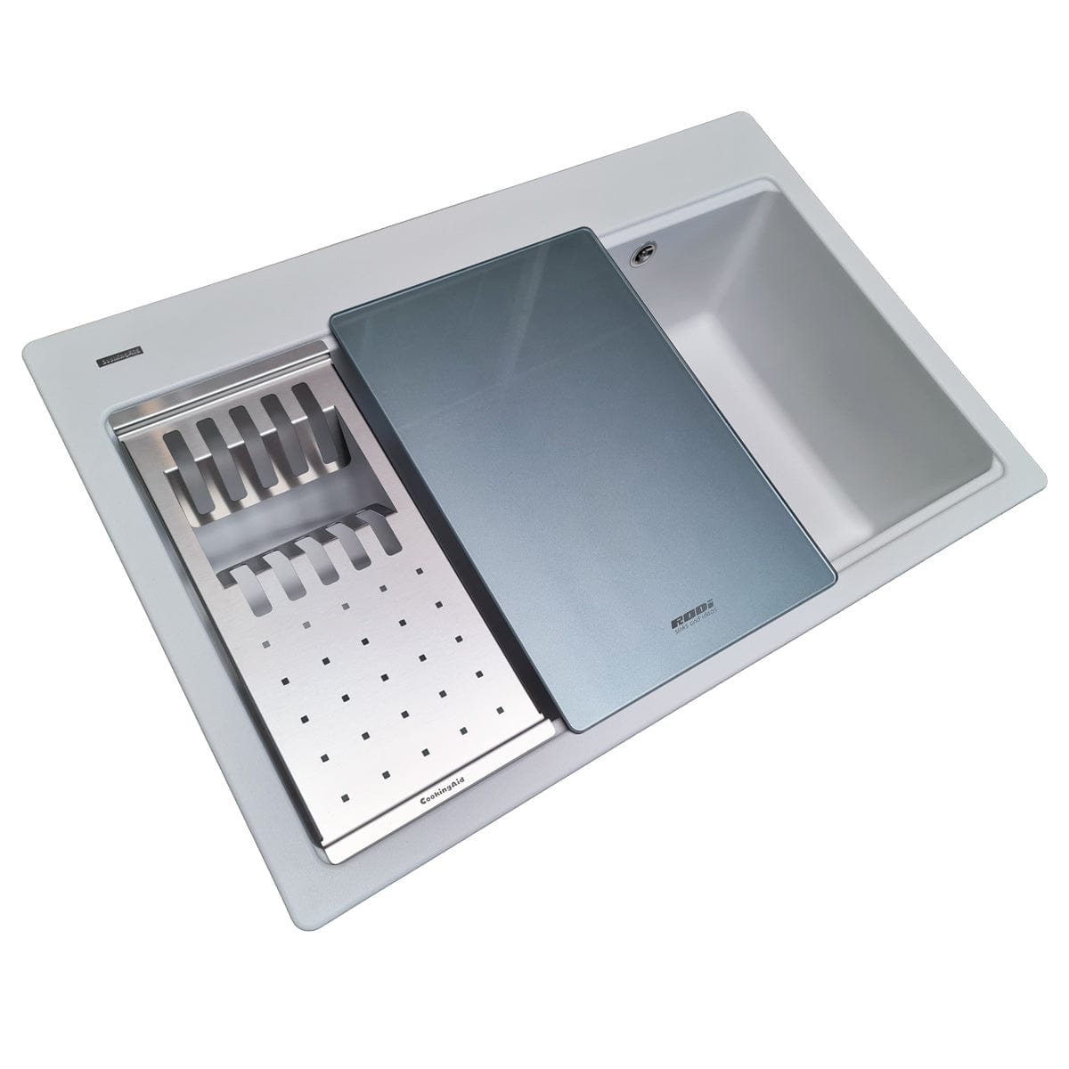Chiuveta bucatarie granit CookingAid Cube ON3322 Workstation Alba + accesorii montaj, 838x559x244 mm